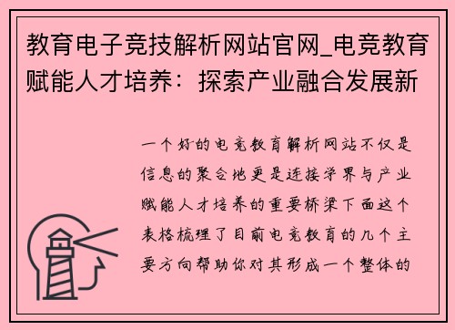 教育电子竞技解析网站官网_电竞教育赋能人才培养：探索产业融合发展新路径